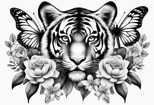 tiger, 3 butterflies, flowers for ladies thigh / hip shaded tattoo idea
