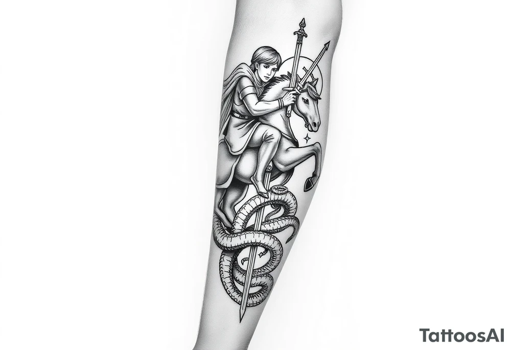 Make me full leg sleeve with St. George ridding a horse and snake wrapped around the leg with the sword going through its neck with back round clouds tattoo idea