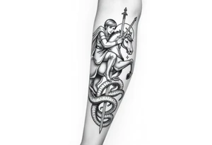 Make me full leg sleeve with St. George ridding a horse and snake wrapped around the leg with the sword going through its neck with back round clouds tattoo idea