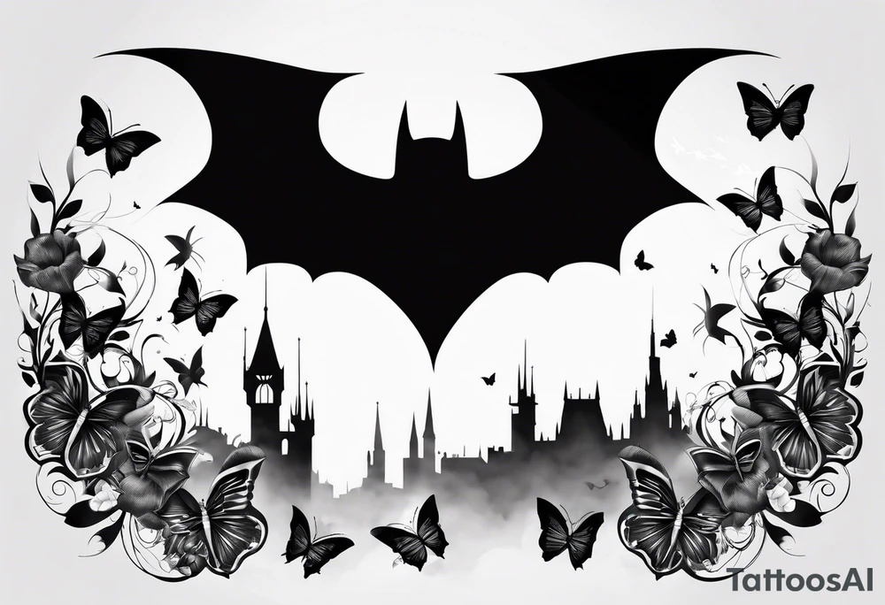 Batman symbol with butterflies all around it for a forearm tattoo tattoo idea