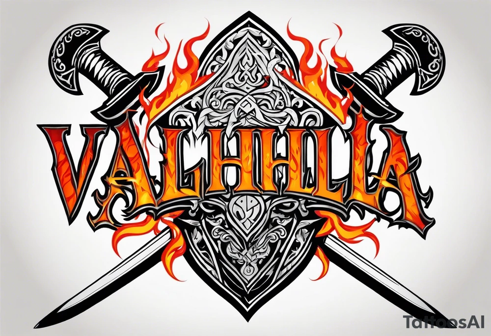 Valhalla on fire shield sword tattoo idea