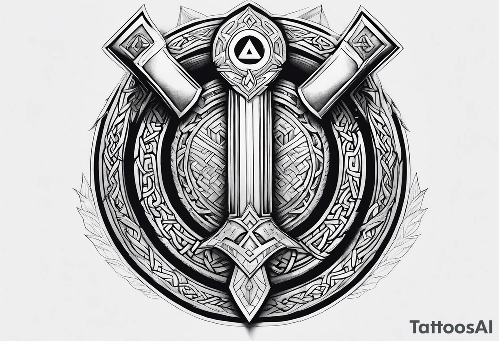 Valhalla sword shield axe Valknut fire tattoo idea