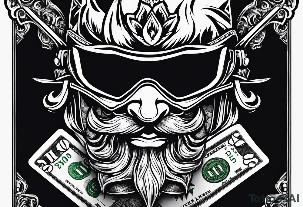 Ski mask biting a handful of money tattoo idea