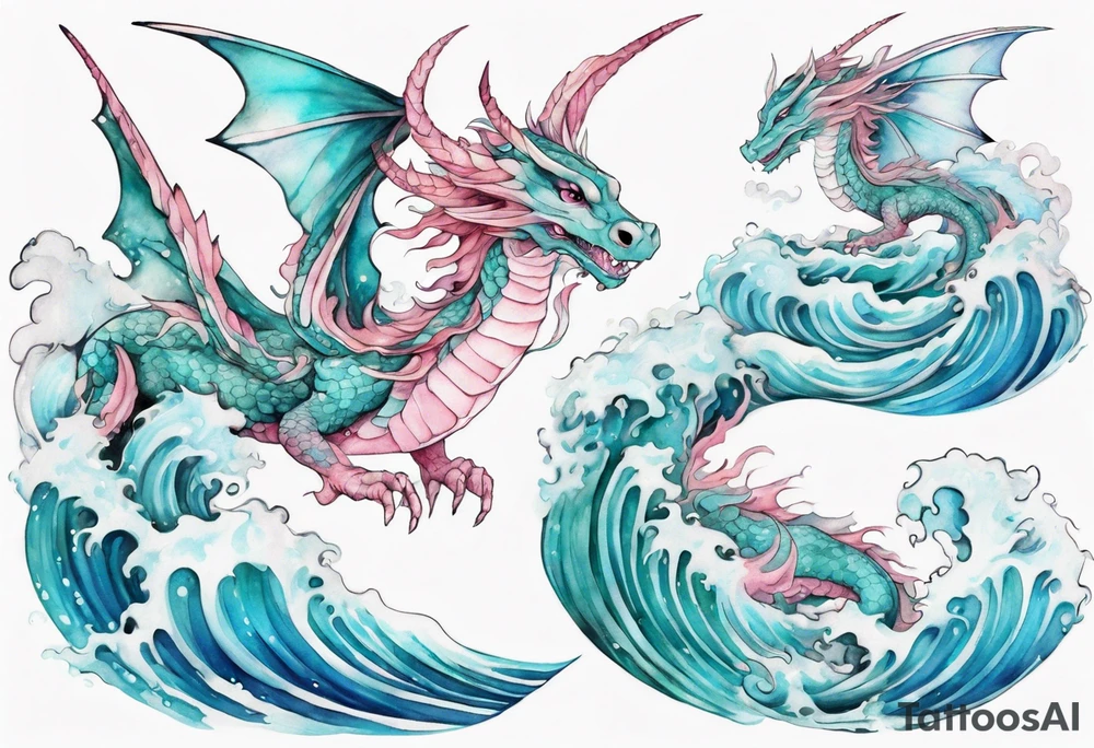 a beautiful turquoise and white and pink fairy dragon rising from the blue waves of the ocean tattoo idea