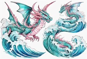 a beautiful turquoise and white and pink fairy dragon rising from the blue waves of the ocean tattoo idea