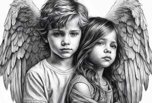 An Angel covering a boy with her wings for shelter tattoo idea