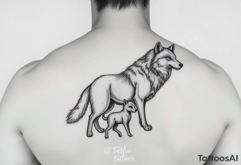 A solitary yet sublime and noble wolf and its progeny. tattoo idea