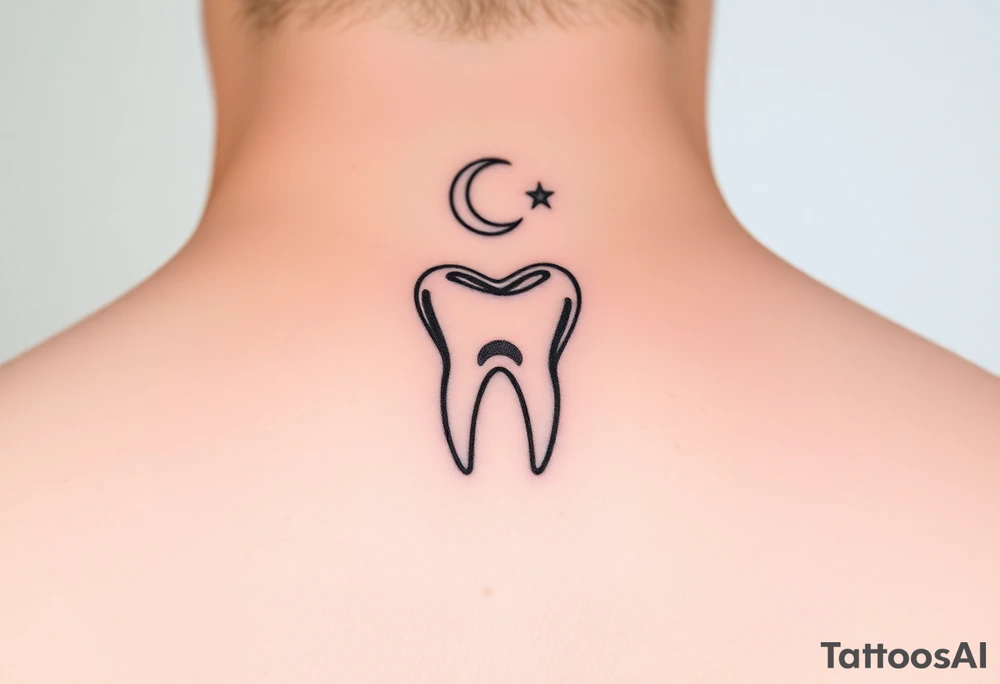Fine-line minimalist molar tooth outlined in black, with a tiny crescent moon above it and two delicate stars, minimal shading, airy and elegant, perfect for a small behind-the-ear tattoo.” tattoo idea