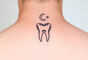Fine-line minimalist molar tooth outlined in black, with a tiny crescent moon above it and two delicate stars, minimal shading, airy and elegant, perfect for a small behind-the-ear tattoo.” tattoo idea