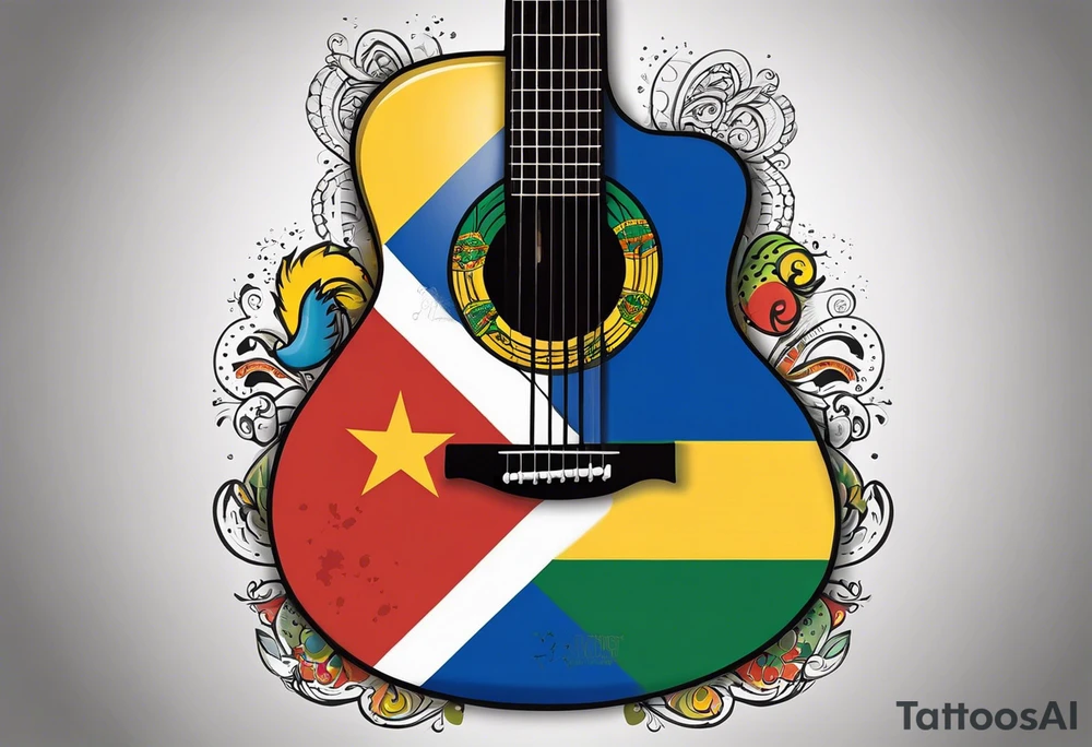 acoustic guitar with divided
 diagonally with one side with the flag of curacao, the other with some reggae colors. on the outside of the guitar, the side with the curacao flag to adorned with some beach or sea creature theme, like a sea turtle. The side with the reggae to have some music notes flowing out tattoo idea