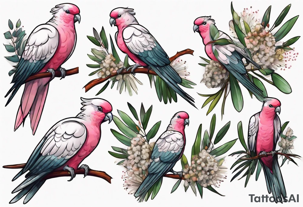 Galahs sitting on wattle and eucalyptus leaves tattoo idea