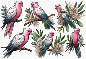 Galahs sitting on wattle and eucalyptus leaves tattoo idea