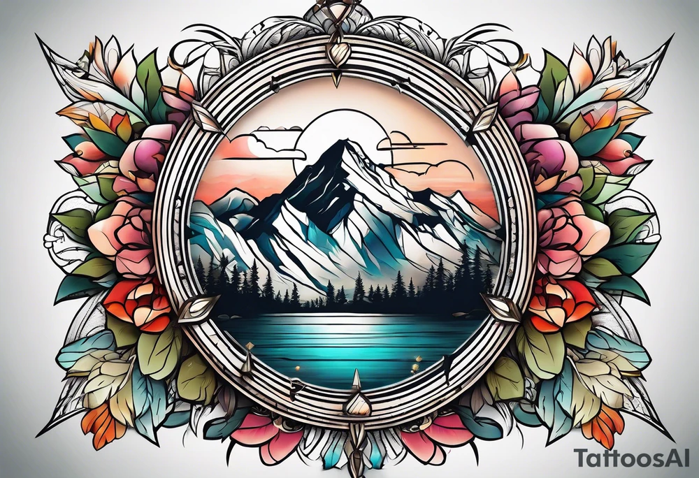 Feminine adventure, mountain scape, compass, large tattoo idea