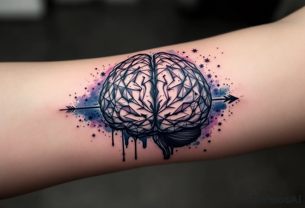 A front-seen brain in geometric and straight lines, with few watercolor details but mostly black, symbols representing intelligence, creativity and dreaming flying arround, the phrase "Aut inveniam viam aut faciam" and an arrow crossing from above with watercolors leaking from it tattoo idea