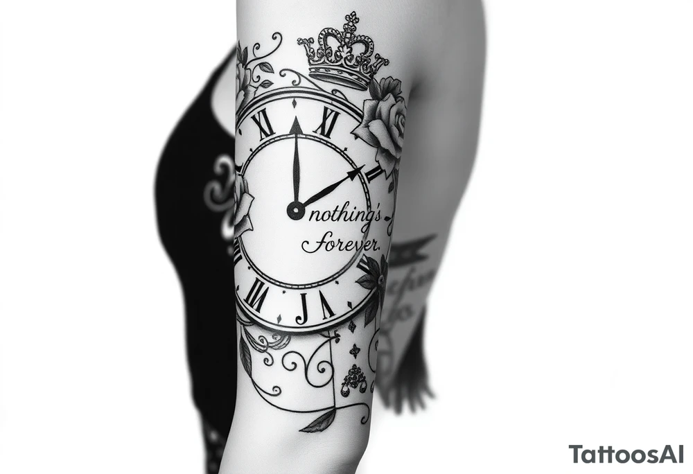 Roman clock with roses and a crown,  a quote that says nothings forever. and on the bottom a deck of cards tattoo idea