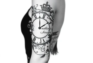 Roman clock with roses and a crown,  a quote that says nothings forever. and on the bottom a deck of cards tattoo idea