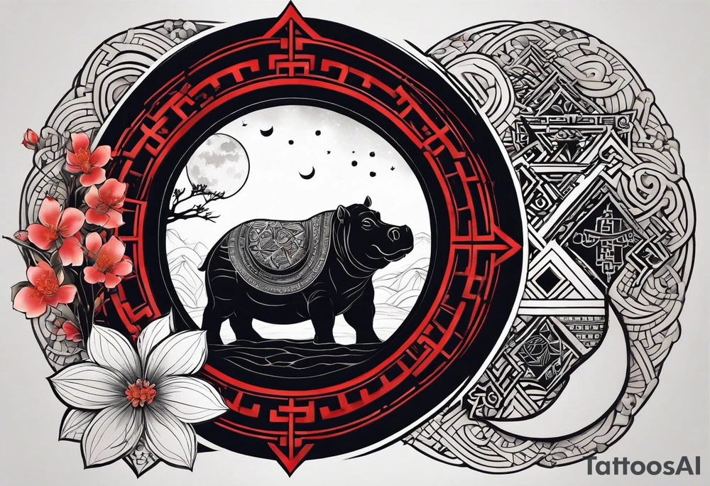 Very asymmetrical, +geometric pattern, with realistic full moon, with serious looking hippo, +zen feel, + Buddhism touch, +tribal, +geometric, +chinese inkart 
with wintersweet flower bud, +portrait orientation, +inkart touch, tattoo idea