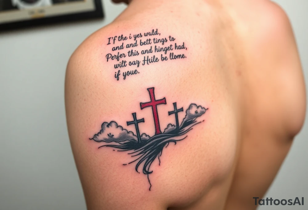 Red and black ink  tattoo on left inner arm with bible verse background clouds and 3 crosses one red in the middle of wrist  under a chosen wrist tattoo before the hand/palm tattoo idea