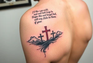 Red and black ink  tattoo on left inner arm with bible verse background clouds and 3 crosses one red in the middle of wrist  under a chosen wrist tattoo before the hand/palm tattoo idea