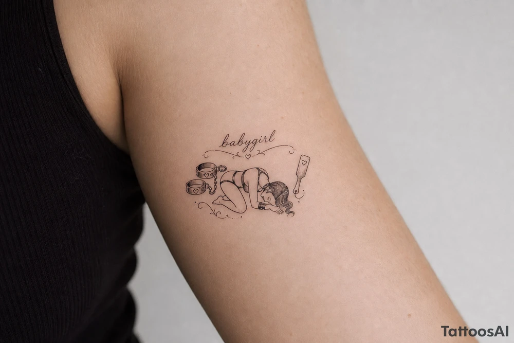 A tattoo for a submissive named babygirl, with a wrist cuffs, a collar, a paddle, and a stylized line art female form that is kneeling and prone. tattoo idea