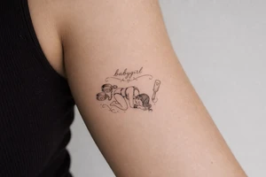 A tattoo for a submissive named babygirl, with a wrist cuffs, a collar, a paddle, and a stylized line art female form that is kneeling and prone. tattoo idea