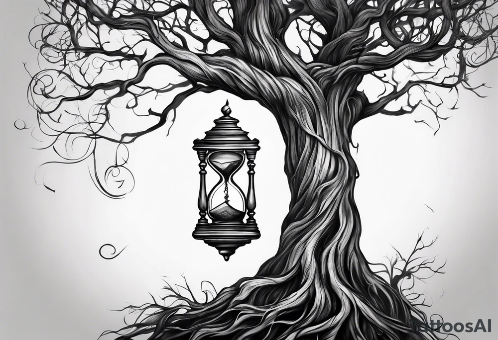 tattoo of a tree with the roots wrapping around a hour glass tattoo idea