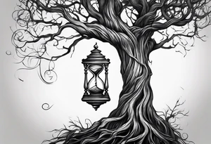 tattoo of a tree with the roots wrapping around a hour glass tattoo idea