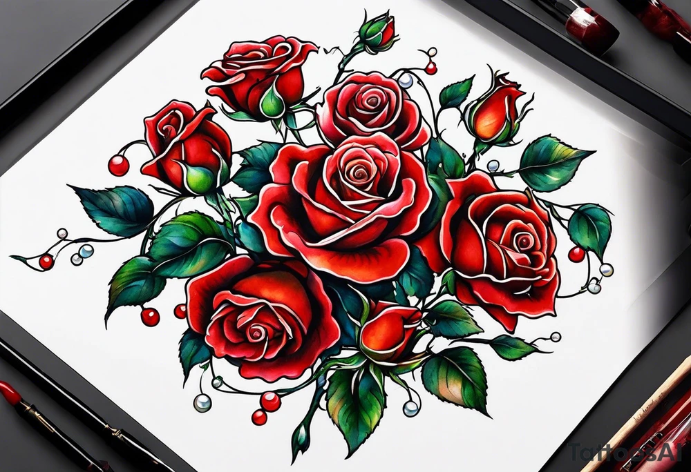 Red roses with pearls hanging tattoo idea
