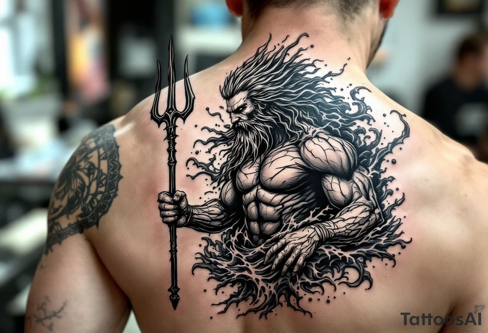 poseidon with trident, surrounded by water tattoo idea