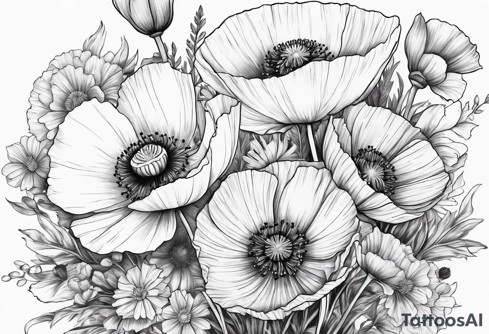 Poppies and cosmos bouquet tattoo idea