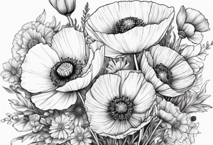 Poppies and cosmos bouquet tattoo idea