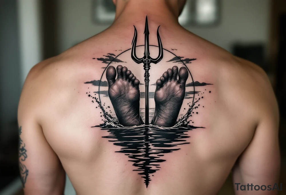 barefeet behind trident half way under water and sunset tattoo idea