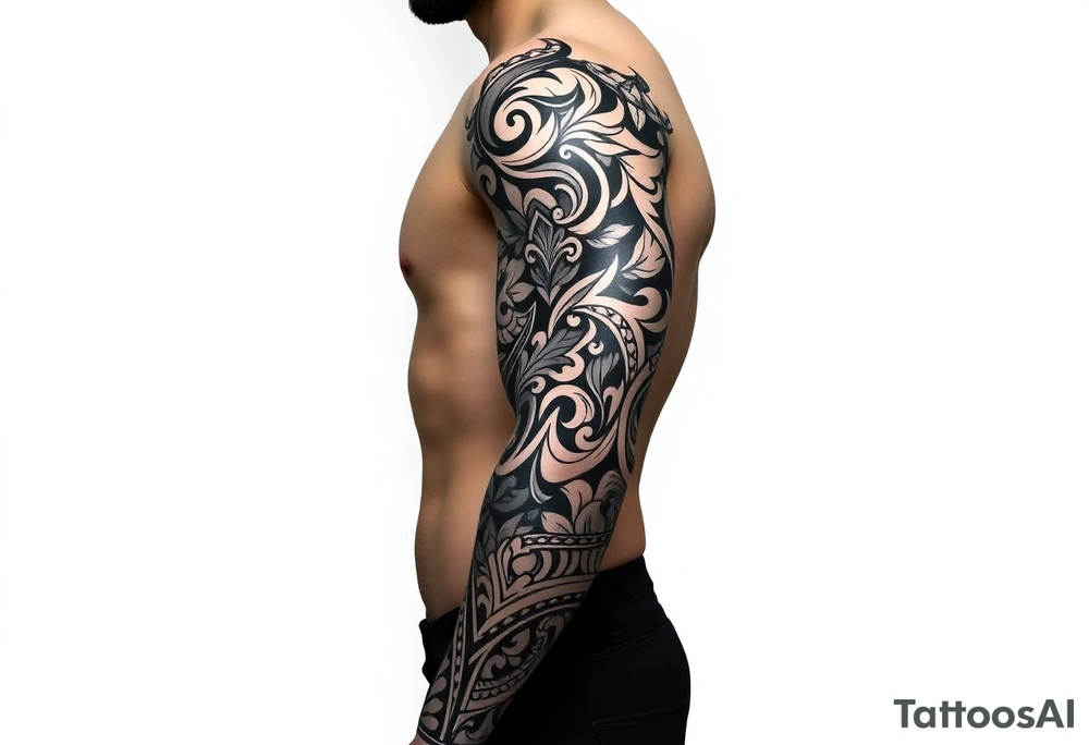 Full sleeve with Sicilian and tribal aesthetics tattoo idea