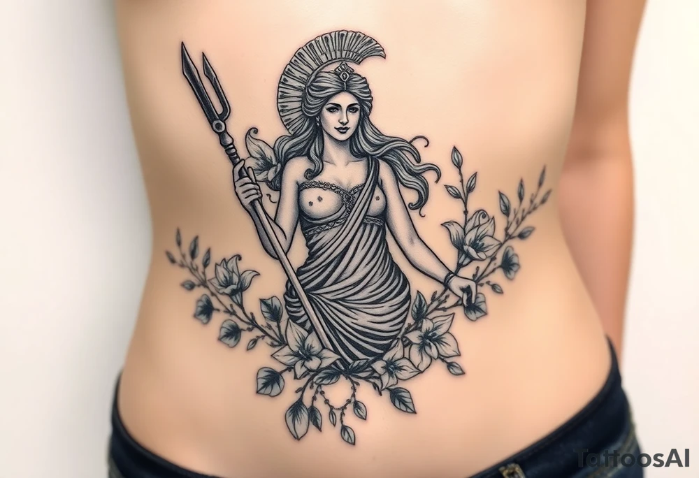 warrior greek goddess surrounded by lillie’s and vines tattoo idea
