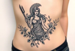 warrior greek goddess surrounded by lillie’s and vines tattoo idea