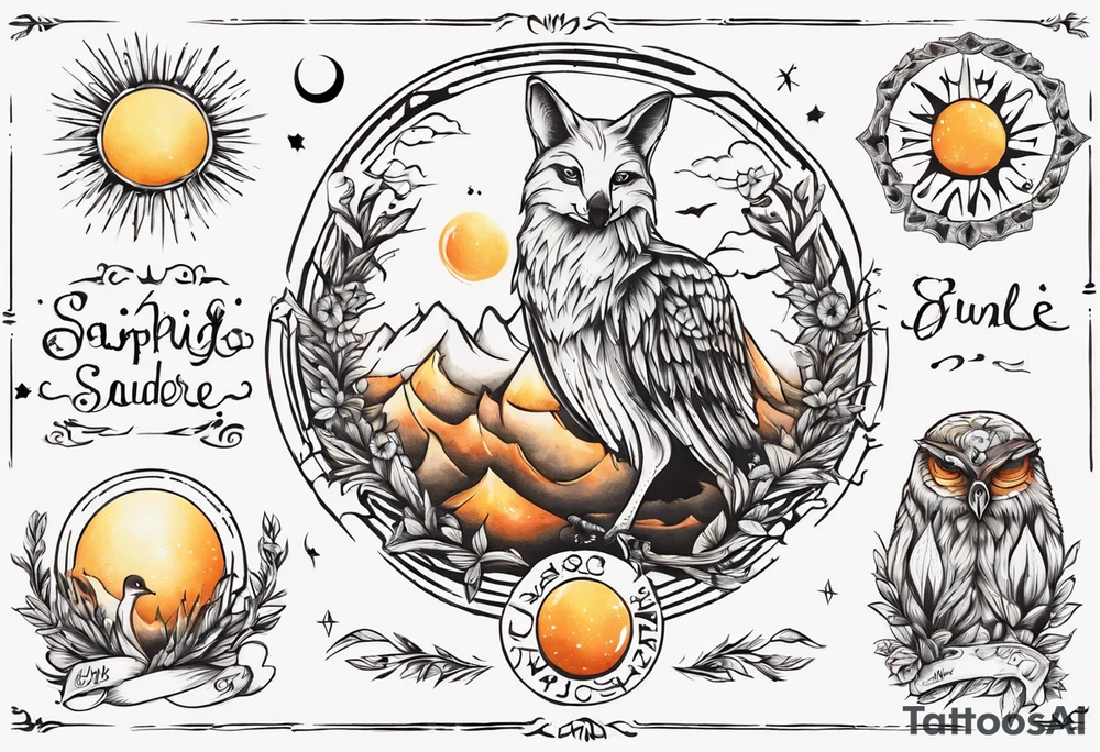 Fuchs und Eule unter der Sonne mit dem Schriftzug Sapere Aude tattoo idea