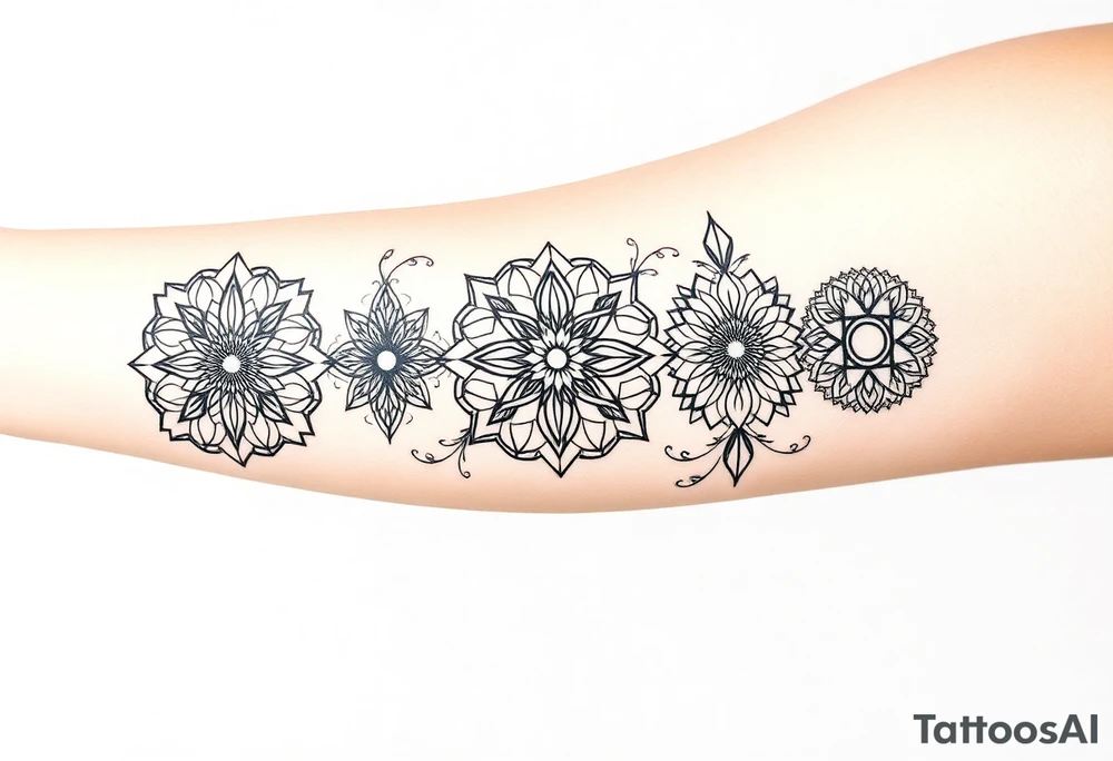Geometric floral circles with 5 Symbolic elements for each family member. Two base elements for my husband and I, intertwined floral patterns like mirrored vines or spiral paisleys representing our identical twins, and a Gemini zodiac sign for my son. Use feminine-yet-bold linework and Interconnected elements to reflect family unity tattoo idea