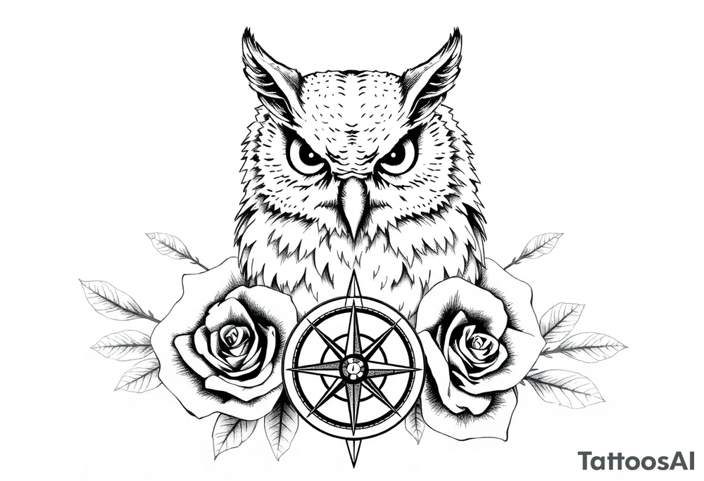 an owl,roses,compass. tattoo idea