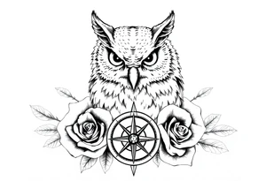 an owl,roses,compass. tattoo idea