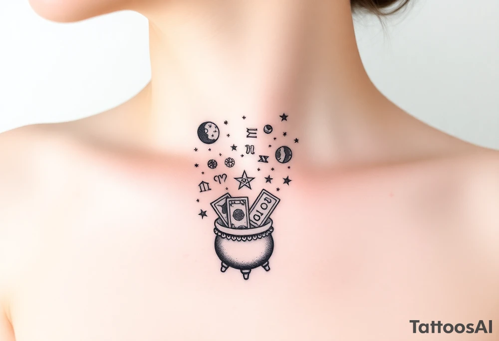 Milky way galaxy filled with zodiac symbols runes tarot cards coming out of a cauldron tattoo idea