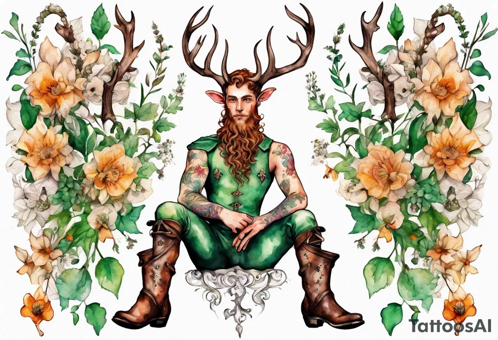 A young handsome Cernunnos covered in flowers wearing medieval boots tattoo idea