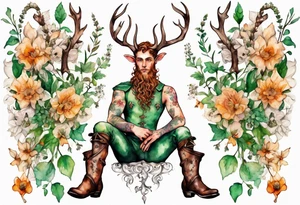 A young handsome Cernunnos covered in flowers wearing medieval boots tattoo idea