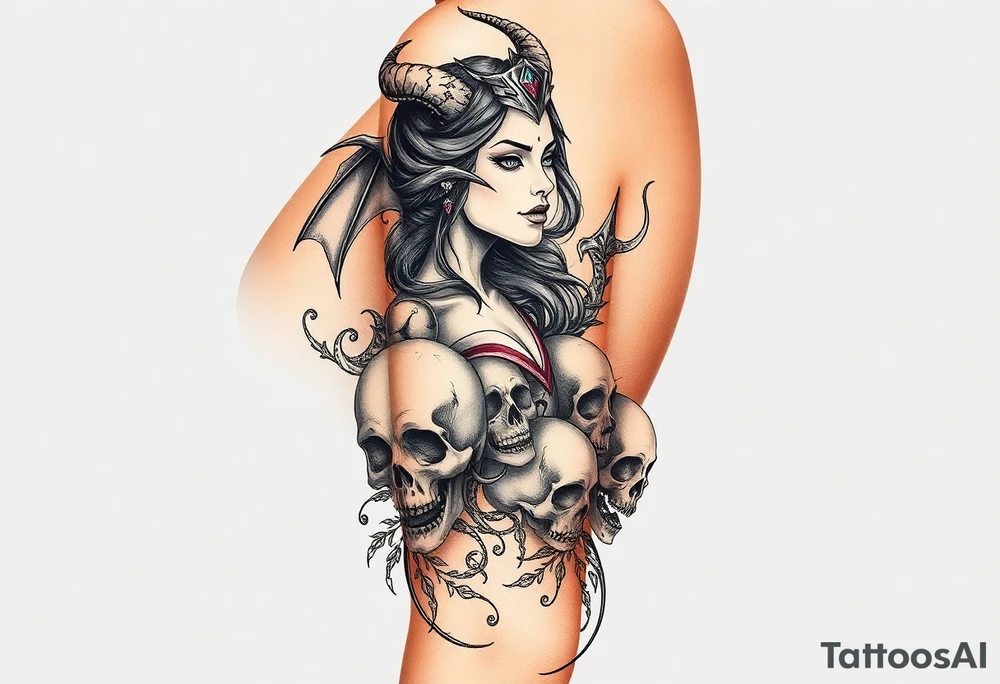 'She overcame EVERYTHING that was meant to DESTROY her" with a demon queen and skulls tattoo idea