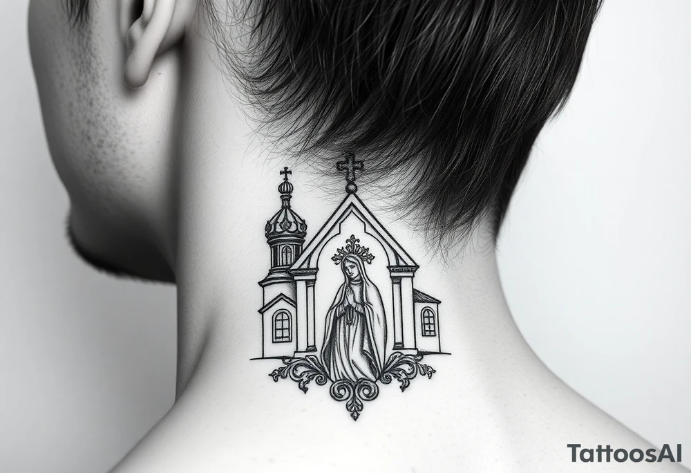 medium traditional russian orthodox church with a russian coat arms and virgin mary tattoo idea