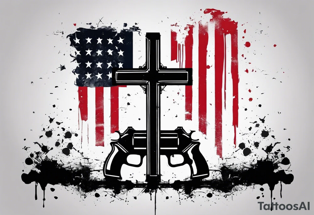 Distressed American flag behind a cross with 2 guns leaned on it simpler tattoo idea