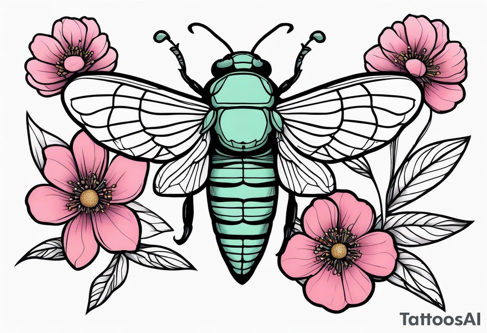 Neo traditional Cicada and pink flower tattoo idea
