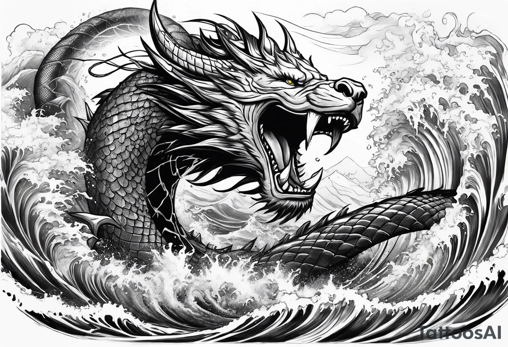 Thor fighting Jormungandr in the ocean in a typhoon tattoo idea