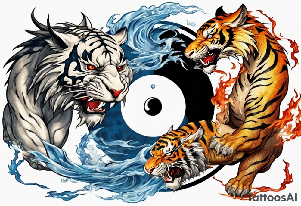Ying Yang with dragon and tiger surrounding it and fire and water tattoo idea
