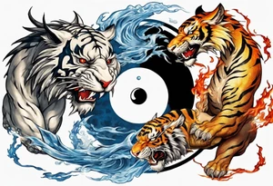 Ying Yang with dragon and tiger surrounding it and fire and water tattoo idea