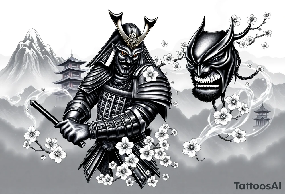 Design a detailed, all-black full arm sleeve tattoo featuring a traditional Japanese theme. The central figure is a fierce, heroic Japanese samurai warrior in full armor, wielding a katana. The samurai is positioned in a dynamic stance, as if preparing for battle, with intricate armor details like gold accents (only hinted in black shading) and ornate plating. Surrounding the samurai, delicate cherry blossoms bloom in full detail, their petals scattered across the sleeve with soft, swirling wind patterns. In the background, traditional Japanese structures, such as a pagoda, are subtly integrated, standing tall against a backdrop of misty, towering mountains that dominate the upper arm and shoulder area.

The sleeve also includes a highly detailed, intimidating Oni mask positioned on the inner forearm. The Oni mask has sharp, exaggerated features with heavy black shading, showing off its menacing grin and fiery eyes. Thin smoke or mist trails from the mask, weaving around the sleeve and merging with the surrounding elements. The overall design flows naturally, with the elements blending into each other seamlessly, using dark, dense shading to create depth and contrast, while maintaining a sense of movement and balance throughout the arm tattoo idea